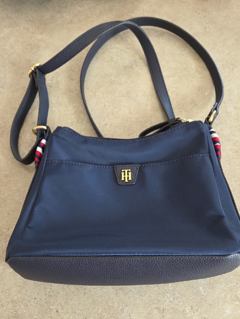 Navy Shoulder Bag with Gold Logo Accent